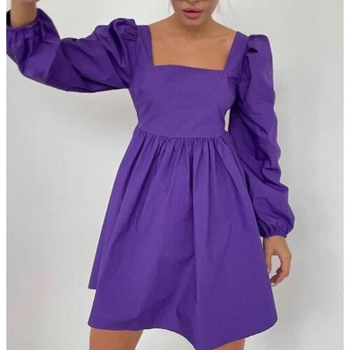 Purple Sexy Ladies Solid Short Autumn Dress Long Sleeve Chic Casual Women Dresses Lace-Up Open Back Square Collar Koren Fashion