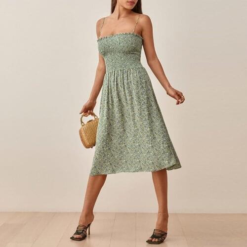 Beach Dress Summer Clothes For Women Vintage Floral Print Midi Dress Elegant Smocking Sleeveless Sexy Tie Spaghetti Strap Dress