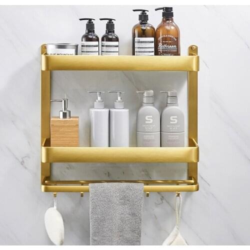 Floating Shelf Shower Caddy Rack Set Wall Mount Bathroom Storage Rack 40/50/60cm Gold Towel Rack with Hook Sapce Aluminum