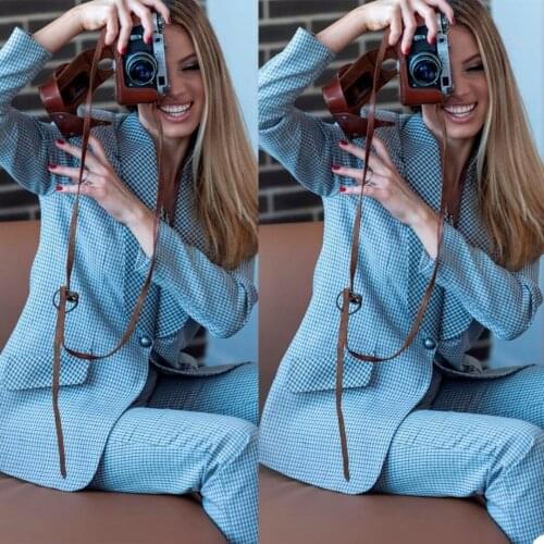 Blue Check Lady Blazer Suits Fashion Plaid Long Sleeve Women Outfits Leisure Evening Party Wedding Wear (Jacket+Pants)
