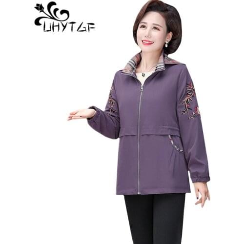 UHYTGF female trench coat fashion embroidered hooded Spring autumn windbreaker women loose 5XL plus size tops thin outerwear1233