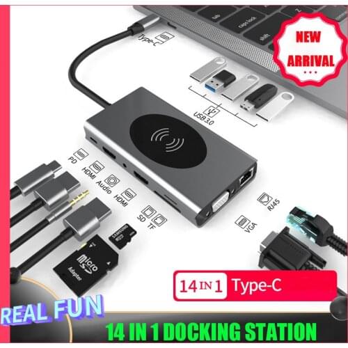 Type-C 14-In 1 Hub to Dual HDMI compati Rj45 Multi USB 3.0 Power Adapter Docking Station for Laptop Support Pd Transmission