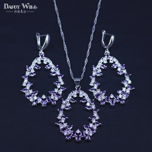 Natural Silver Color Jewelry Purple Cubic Zirconia White Crystal Jewelry Sets For Women Earrings/Pendant/Necklace Set