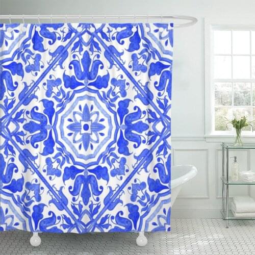 Portuguese Azulejo Tiles Blue and White Gorgeous Patterns Shower Curtain Waterproof Polyester Fabric 72 x 78 inches Set