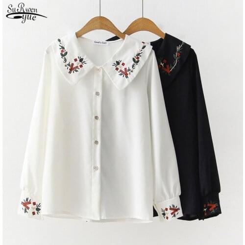 Spring New Chiffon Blouse White Black Lantern Long Sleeve Shirts Cute Vintage Embroidery Floral Blouses for Women Shirts 13051