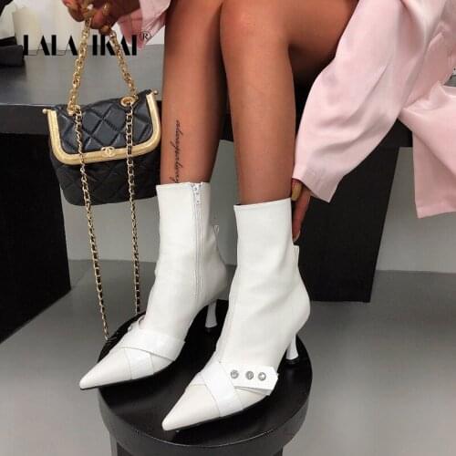 LALA IKAI Womens Boots Autumn Winter 2020 High Heels Stone Pattern Ankle Boots Pointed Toe Short Booties Heels botas de mujer