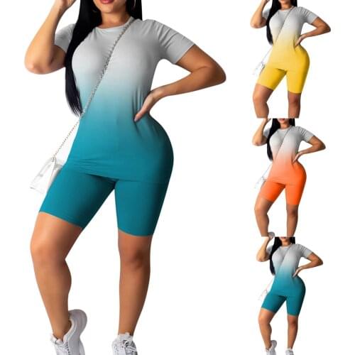 2021 Women Trouser Suits Fashion Gradient Print Short Sleeve Shorts Sports Suit Comfortable Summer Womens велосипедки женские