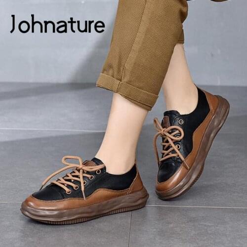Johnature Genuine Leather Pumps Women Shoes Lace-up Retro Mixed Colors Platform Heels 2021 Autumn New Handmade Ladies Shoes