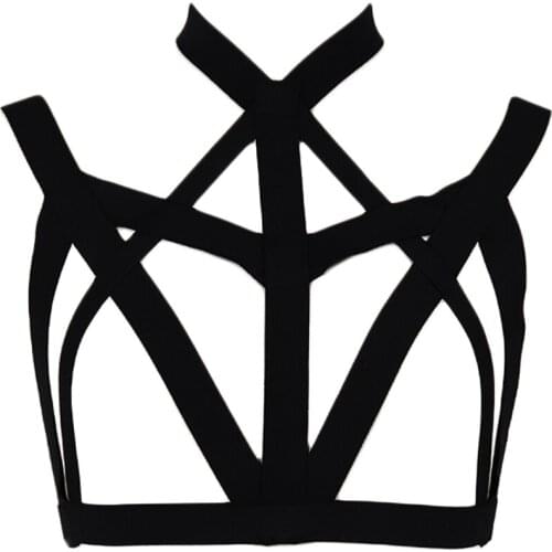 Woman Neck Goth Body Harness Belt Open Chest Sexy Lingerie Cage Bra Edgy Black Bondage Body Cage Elastic Harness Bra