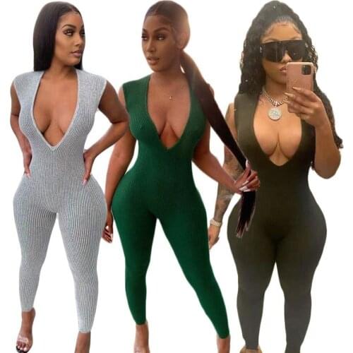 New arrival 2021 Sexy Bodycon Rompers Sleeveless Women Deep V neck Jumpsuit One Piece Bodysuits for Ladies