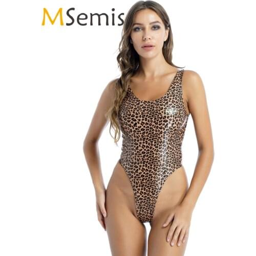 Womens Leopard Print Tight Romper Jumpsuit High Cut Sexy Bodysuit Patent Leather Catsuit Clubwear Sleeveless Swimsuit Swimwear