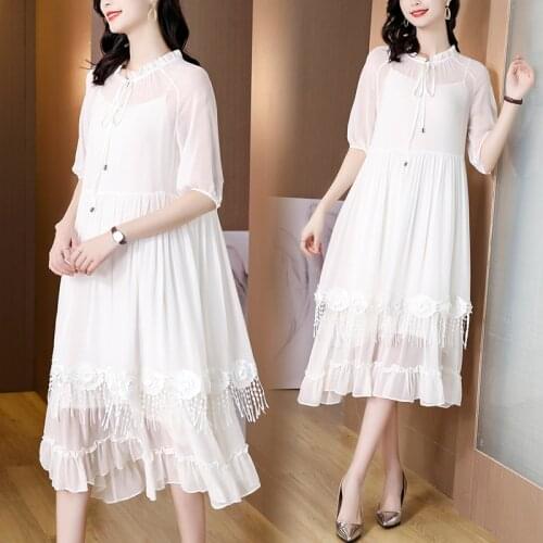 Summer Loose White Mulberry Silk Vintage Midi Sundress Spring Women Casual Lace Beach Dress 2021 Elegant Bodycon Party Vestidos