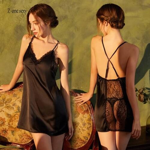 Womens erotic underwear deep V open breast silk like sexy nightdress passion perspective dress erotic sensual lingerie