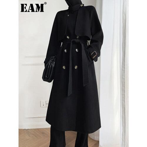 [EAM] Loose Fit Double Breasted Spliced Belt Big Size Woolen Coat Parkas New Long Sleeve Women Autumn Winter 2021 1DD1128