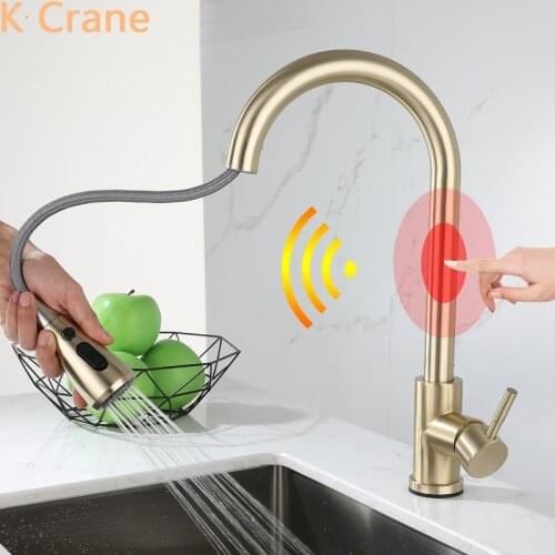 Gold Touch Faucet Kitchen Smart Sensor Tap Sink Hot Cold Water Mixer Automatic Crane Pull Out Modern Stainless Steel Torneira
