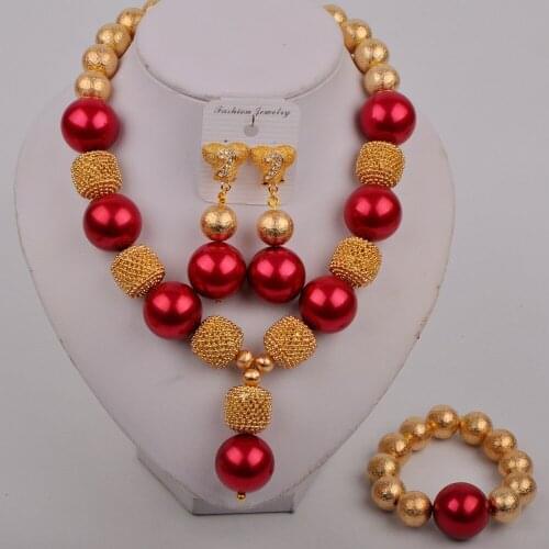 African Beads Dubai Gold Wine Jewelry Sets For Women Accessories Wedding Bridal Pearl Necklace Earrings Bracelet Set