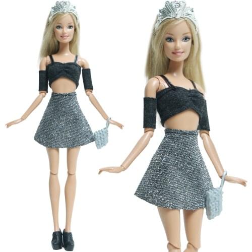 BJDBUS Black Mini Skirt Strap Vest Crown Sandals Boot Handbag Party Cool Girl Outfit Clothes for Barbie Doll Accessories Toy