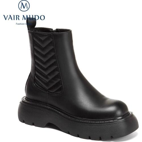VAIR MUDO Ankle Boots Shoes Thick Bottom Round Toe Concise Black Genuine Leather Boot Women Shoes Waterproof Platform WM-X74