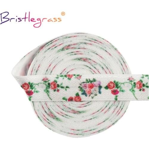BRISTLEGRASS 2 5 10 Yard 5/8" 15mm Leafy Rose Flower Print Foldover Elastic FOE Spandex Satin Band Tape Hair Tie DIY Sewing Trim