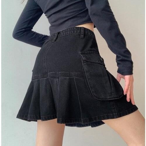 Black Skirt Women Summer High Waist Jean Skirts Y2K Sexy Mini Skirt Denim Pleated Skirts With Pockets Ladies Short Jupe Femme