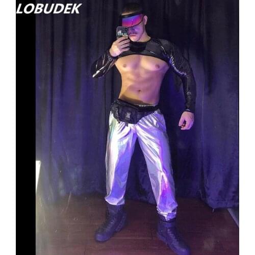 Bar Night Club Party Male Singer Dancer Costume Silver Black Hollow Out Pants Tops Outfits DJ Pole Dance Performance Clothes Set