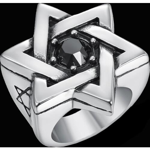 Jewish Star of David Male Ring Black CZ Stainless Steel Hexagon Rings for Men Punk Jewelry Size 7-13