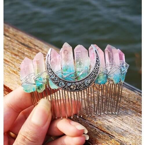 Natural WicCA Witch Moon DIY crystal rainbow Bride tooth comb