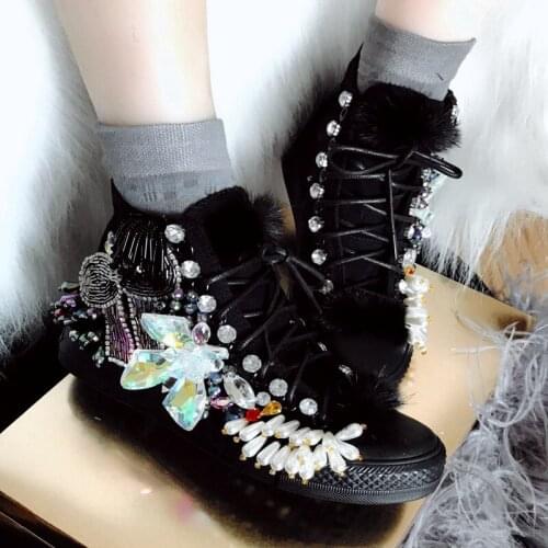 New Women black Cloth Mink Fur Decor Crystal Flower Beads Embellished Flats Shoes Handmade Women Lace up Sneaker Single Shoes