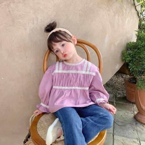 2021 autumn girls loose lace pasted cloth sleeve cotton shirt girl baby Lantern Sleeve doll shirt top children clothes