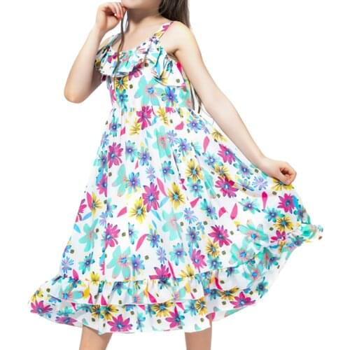 Oyolan New Girl Dress 2021 New Summer Sleeveless Ruffle Floral Print Children Holiday Cotton Dress Teen Bohemian Dress Beach