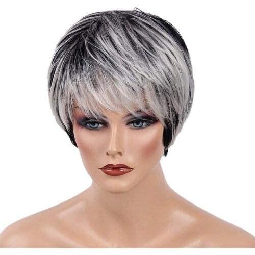 Women Human Hair Wig 10 inch, Short Black Blend White Layered Oblique Fringe Hairpieces Heat OK