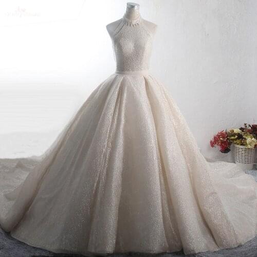 LZ374 Luxury Beaded Tassel Shining High Neck Ball Gown Crystal Sequined Ruffles Wedding Dress Pleat Sashes Puffy Wedding Gowns