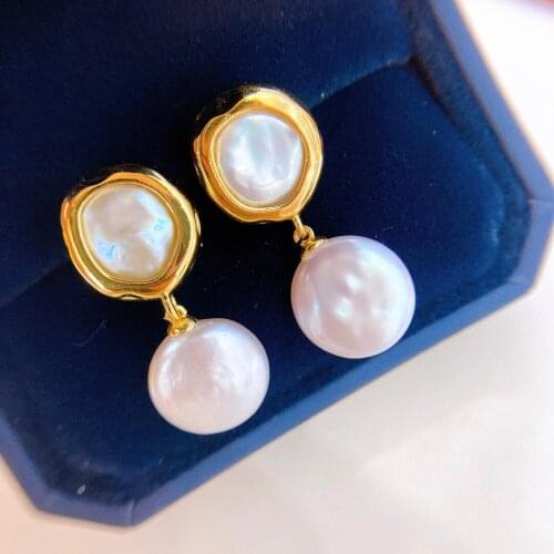 Double Baroque Pearl 13-14mm Button Natural Pearl Dangle Earrings Women Jewelry Gifts