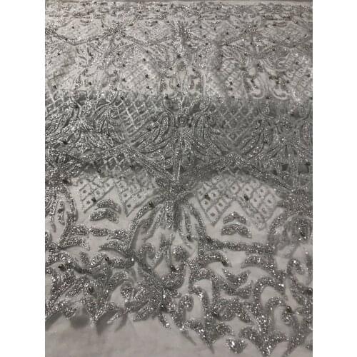 Unique 5yards glued print glitter tulle mesh fabric SYJ-3960 hot sale with beads for evening dress