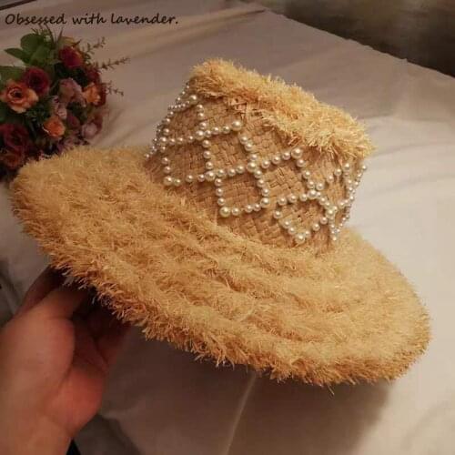 Big burr Lafite straw hat Pearl large brim hat European and American socialite Hat Goddess flat top beach hat