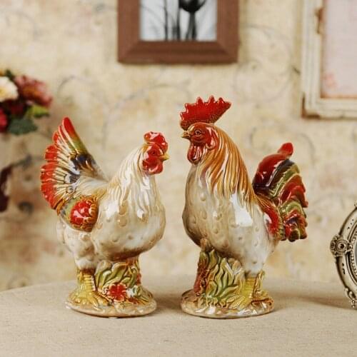 One Pair Cock Hen Figurine Statue Colorful Porcelain Under Glaze Handmade Craft Decorative Art Gifts American Vintage Home Decor