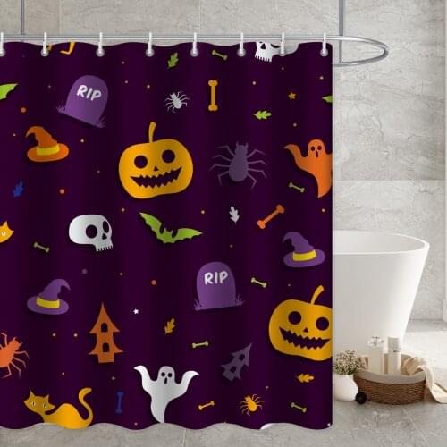 Halloween Theme Shower Curtain Spider Bat Skull Orange Pumkin Print Waterproof Fabric Bathtub Creative Curtains Sets with Hooks