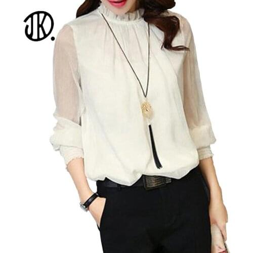 Plus Size Chiffon T Shirt Women Stand-up Collar Solid Color Clothes Autumn Office Top Mujer Long-sleeve Translucent Elegant Tee