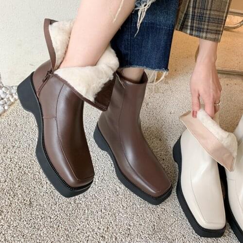 2021 Women Shoes Genuine Leather Women Boots Winter ZIP Keep Warm Snow Boots Short Boots Ankle Boots Thick Heel Platform Boots