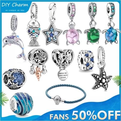 100% 925 Sterling Silver Sea Turtle Starfish Dolphin Charm Fit Original Pandora Bracelet Making DIY Fashion Jewelry For Women