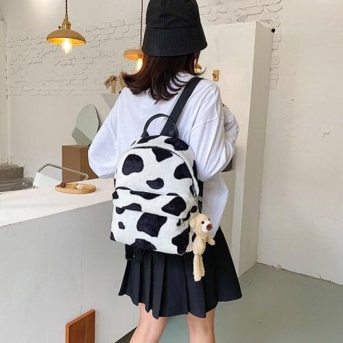 Women Plush Backpack Casual School Shoulder Bag Cow Zebra Pattern Travel Girls Bagpack