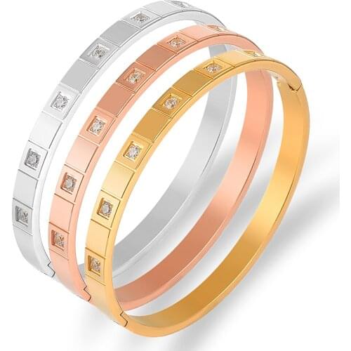 Luxury Snake Chain Gold Bracelet for Women Square Crystal Bracelets & Bangles Stainless Steel Jewelry Wedding Party Gift