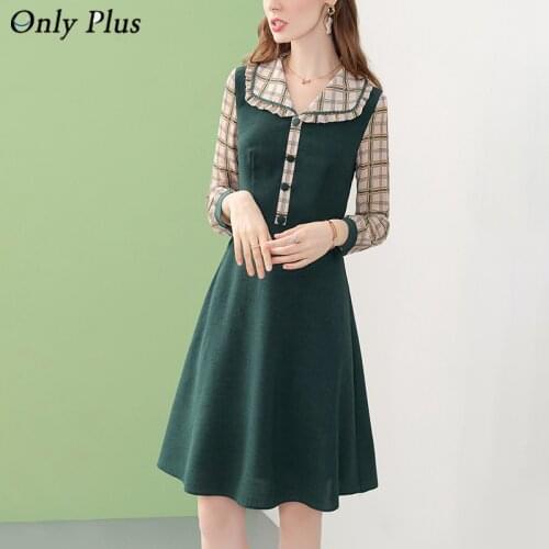 2021 New A-Line Spring Dresses For Women Elegant Office Lady Green Patchwork Plaid Long SLeeve Fashion Slim High Waist Vestidos