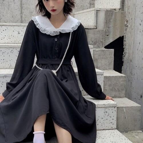 Japanese Harajuku Dark Gothic Lolita Dress Women Vintage Preppy Style Sweet Lace Turn Down Collar Loose Long Sleeve Fairy Dress