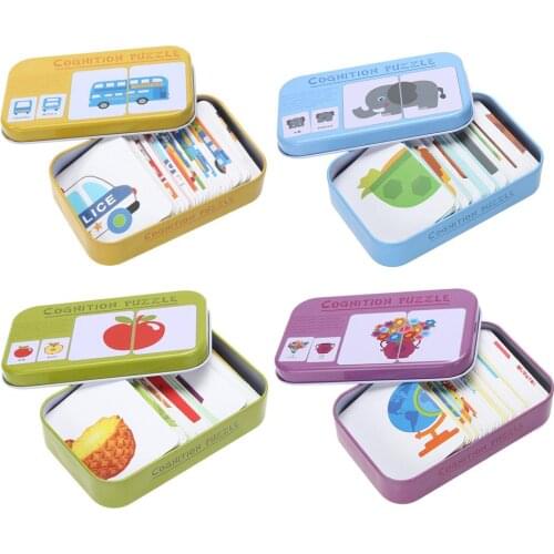 Baby Kids Cognition Puzzle Toys Toddler Iron Box Cards Matching Game Cognitive Card Vehicl Fruit Animal Life Set Pair Puzzle