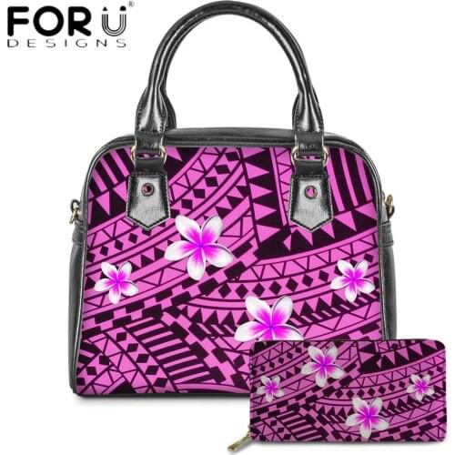 FORUDESIGNS New Arrivel Vintage Women Top-Handle Bag Set Polynesian Tribe Pattern With Plumeria Print Ladies Casual Money Purse