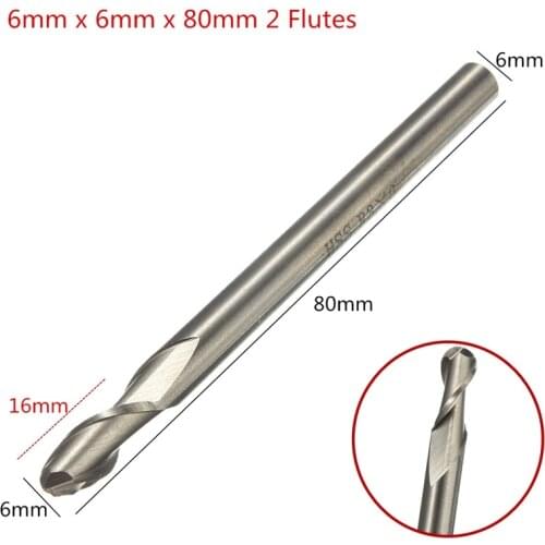 1PCS HSS & Aluminium 6mm x 6mm 2 Flute Ball Nose End Milling Lathe Cutter CNC Bit Tool 80mm Long Top Quality Drill Bits