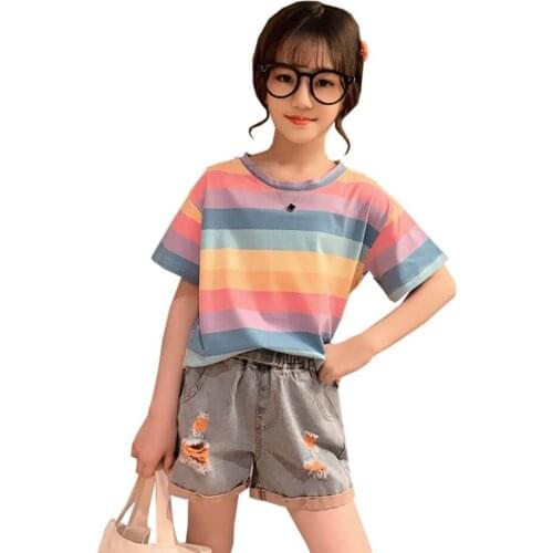 Clothes For Girls Rainbow Tshirt + Denim Short Clothing For Girls Hole Kids Clothes Girls Casual Style Childrens Tracksuit