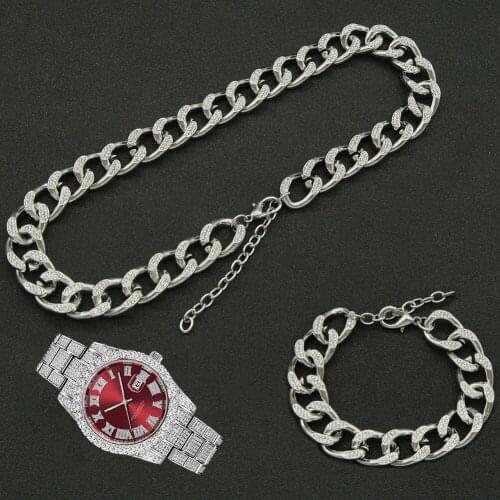 16MM Hip Hop 3pcs Kit Full Iced Out Paved Rhinestone Choker Miami Adjustable Cuban Necklace+Watch+Bracelet For Women Jewelry
