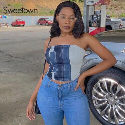 Sweetown Patchwork Multi Color Block Y2K Gothic Crop Top Female Backless Cross Lace Up Party Clubwear Punk Girls Denim Tees